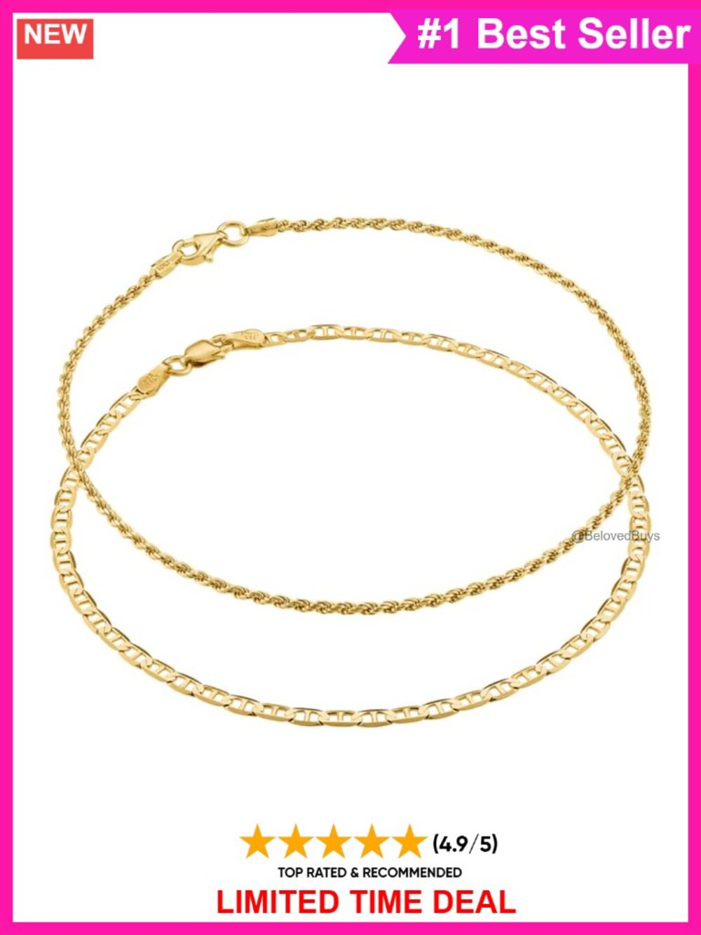 18K Gold Over 925 Sterling Silver Italian Mariner & Rope Chain Anklet Set 10"